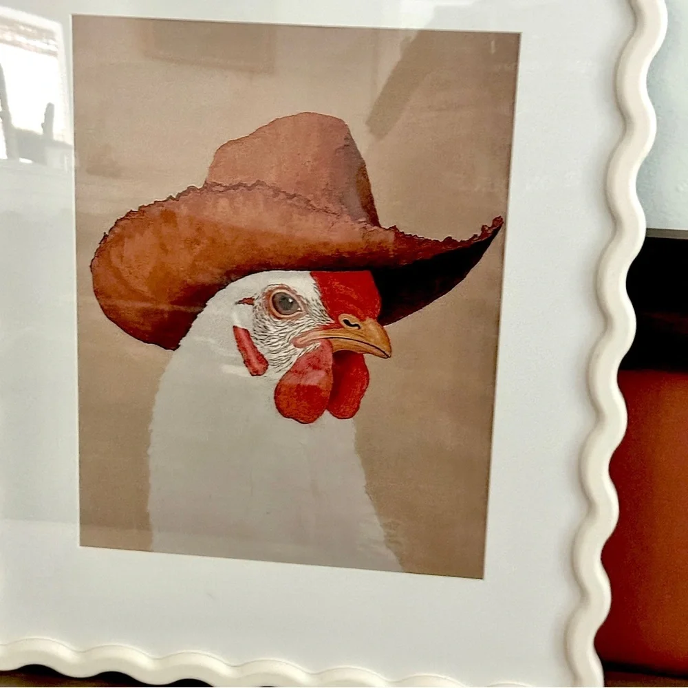 Western Chicken Cowboy Off White Squiggle Framed Wall Art Print Matted 16.5x21”